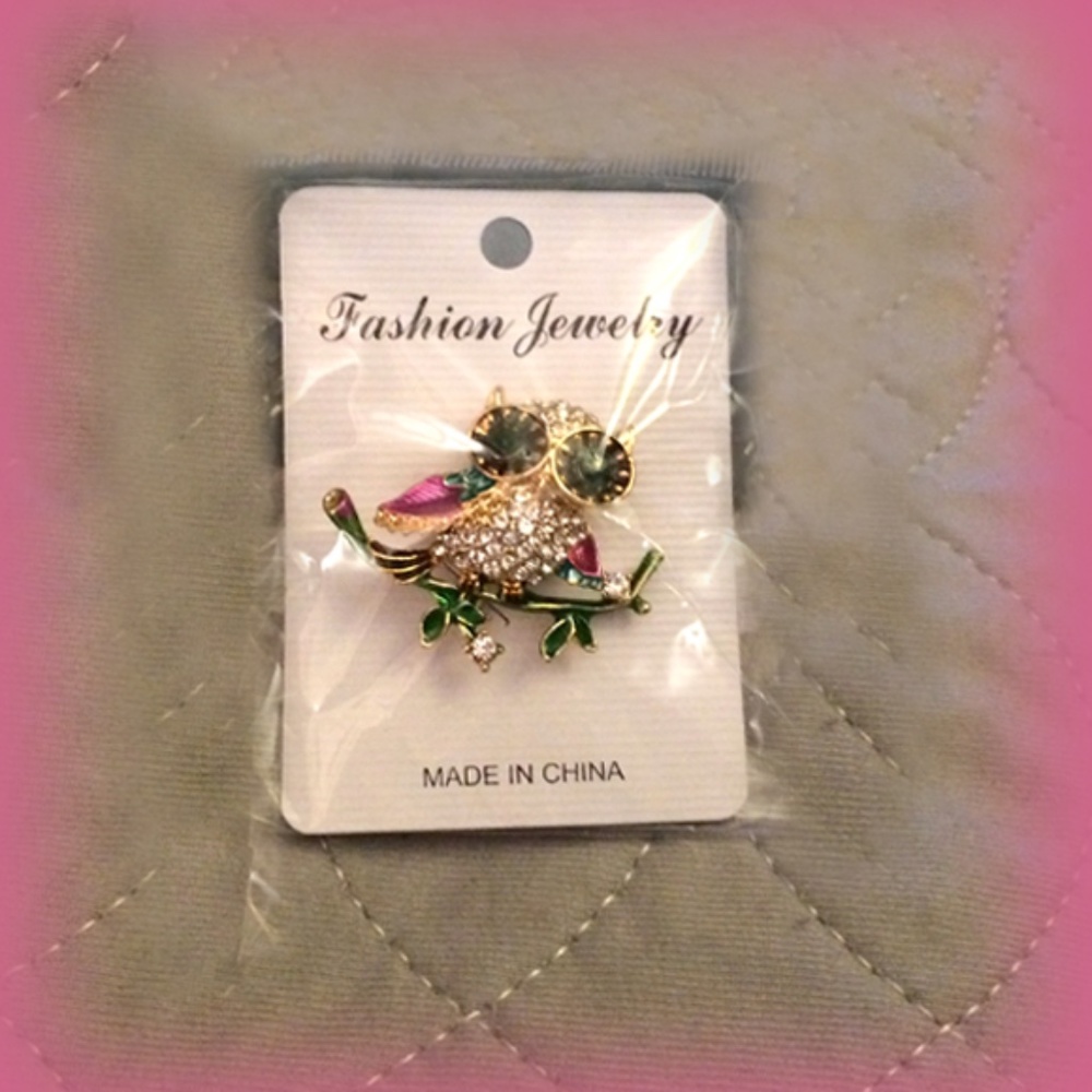 Crystal Multicolor Enamel Owl Brooch Sitting On a Branch - New With Tags